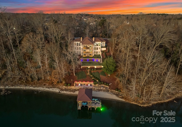 birds eye view of property featuring a water view and a wooded view