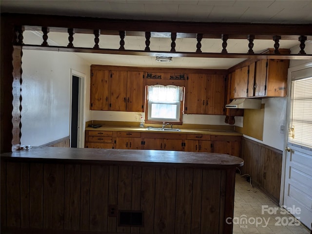 kitchen with kitchen peninsula, sink, and wood walls