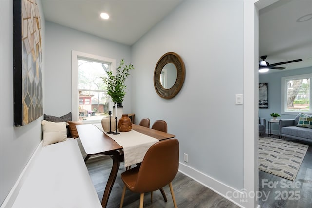 dining room featuring dark hardwood / wood-style floors and ceiling fan