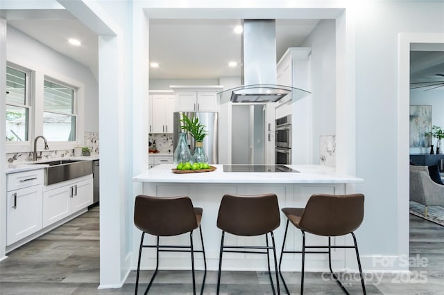 kitchen with white cabinetry, sink, appliances with stainless steel finishes, and island exhaust hood