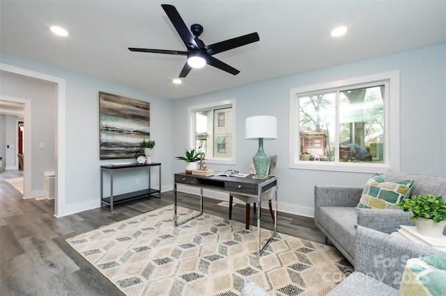 office area featuring hardwood / wood-style floors and ceiling fan