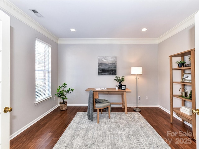 office area with visible vents, baseboards, dark wood-style floors, crown molding, and recessed lighting