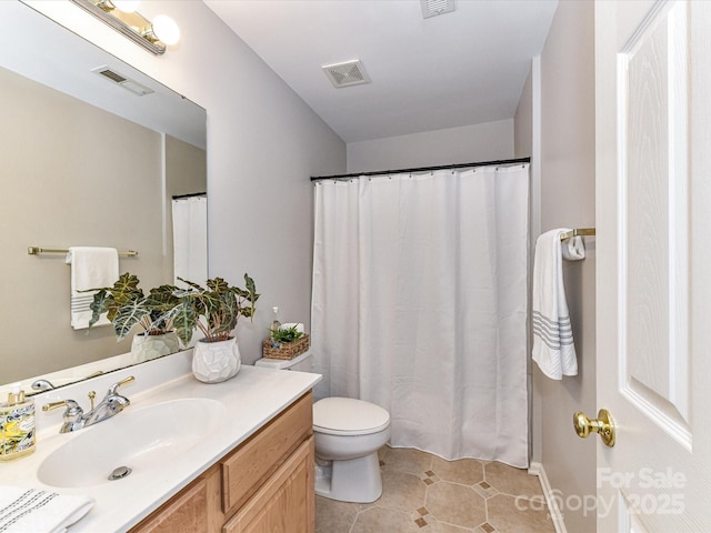 bathroom featuring toilet, vanity, visible vents, and tile patterned floors