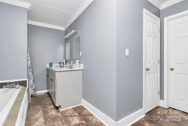 bathroom featuring vanity, crown molding, and a relaxing tiled tub