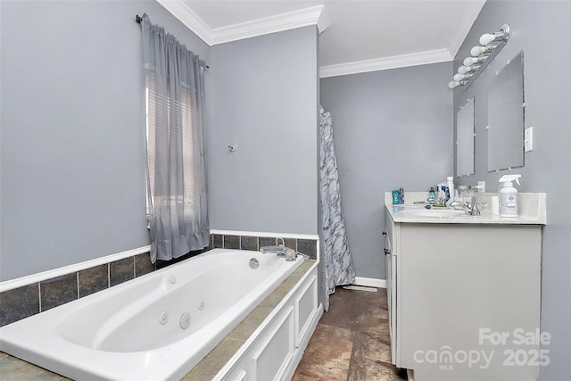 bathroom featuring ornamental molding, vanity, and a tub to relax in