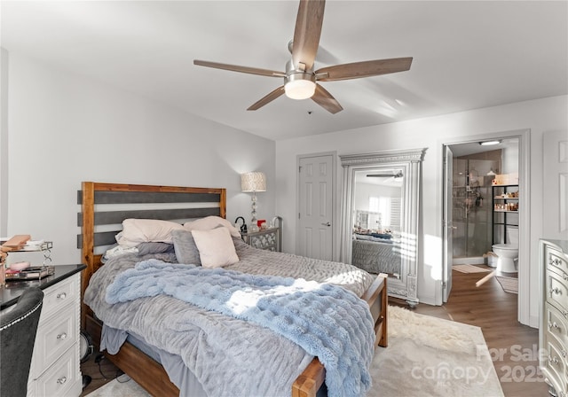 bedroom featuring ceiling fan and light wood-style flooring