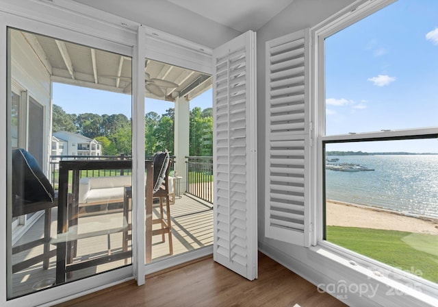 doorway to outside featuring wood finished floors, a wealth of natural light, and a water view