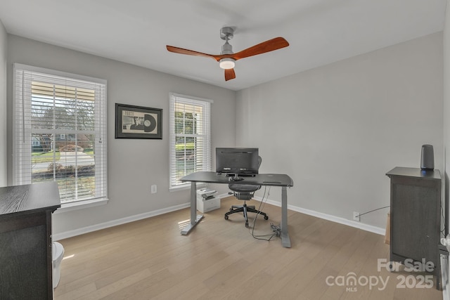 office area with ceiling fan and light wood-type flooring