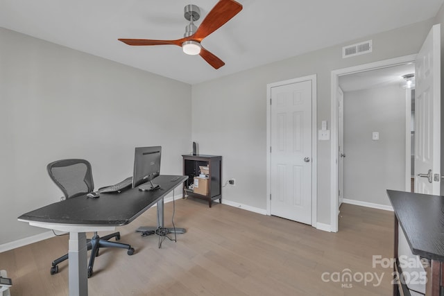 home office featuring ceiling fan and light hardwood / wood-style floors