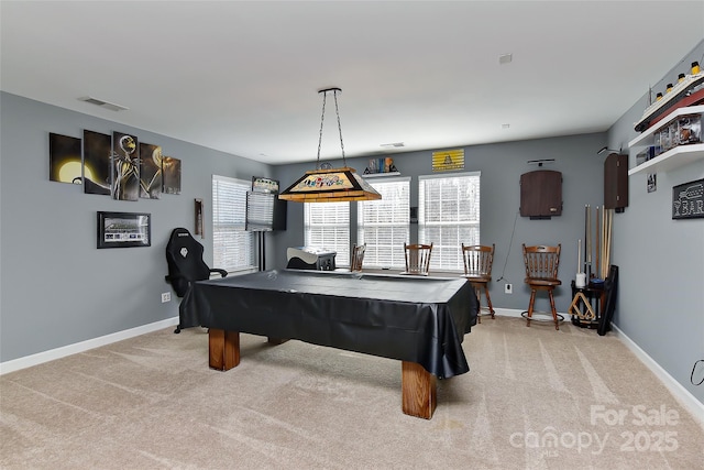 playroom with light colored carpet, a healthy amount of sunlight, and billiards