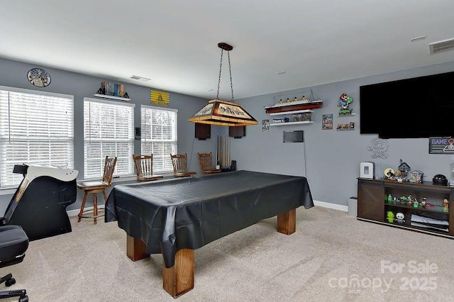 rec room featuring billiards and light colored carpet