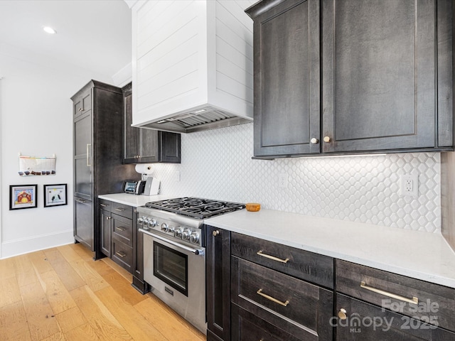 kitchen featuring tasteful backsplash, custom range hood, light hardwood / wood-style floors, and high end stove