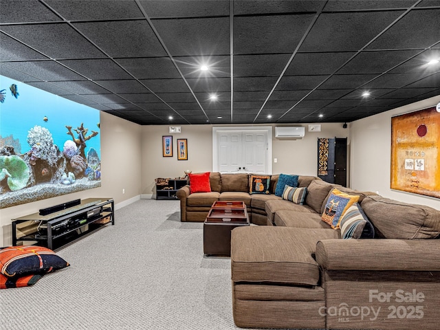 home theater featuring an AC wall unit, recessed lighting, carpet flooring, and baseboards