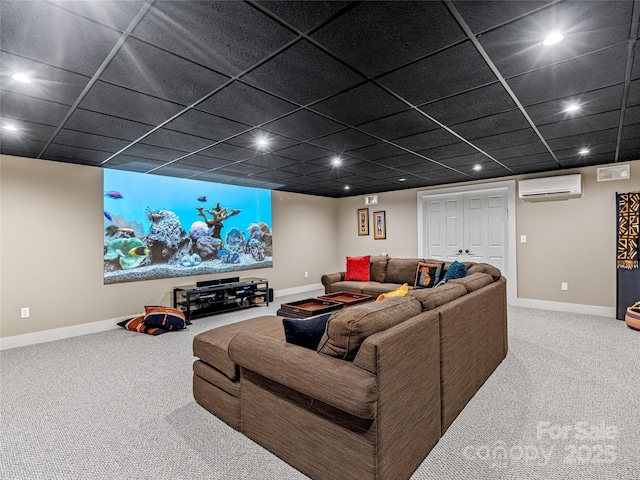 home theater with carpet floors, baseboards, an AC wall unit, and recessed lighting