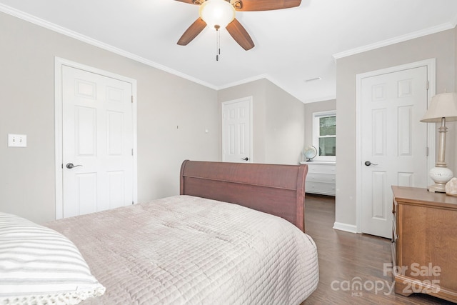 3300 Chancellor Ln, Monroe, NC 28110 - bedroom featuring dark wood-type flooring, ornamental molding, ceiling fan, and baseboards