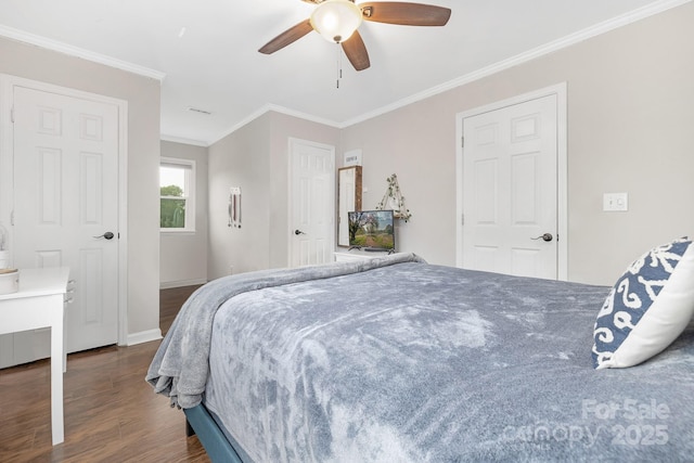 3300 Chancellor Ln, Monroe, NC 28110 - bedroom featuring dark wood finished floors, ornamental molding, baseboards, a ceiling fan, and a closet