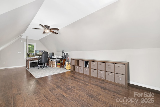 3300 Chancellor Ln, Monroe, NC 28110 - home office featuring lofted ceiling, wood finished floors, ceiling fan, and baseboards