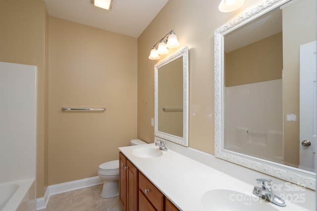 full bathroom featuring tile patterned floors, vanity, toilet, and independent shower and bath