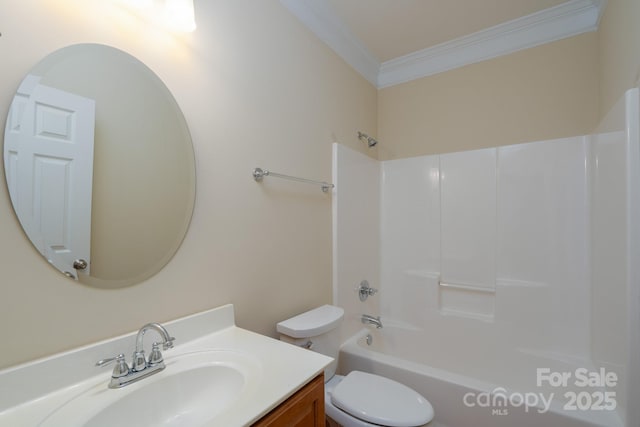 full bathroom featuring shower / tub combination, crown molding, vanity, and toilet