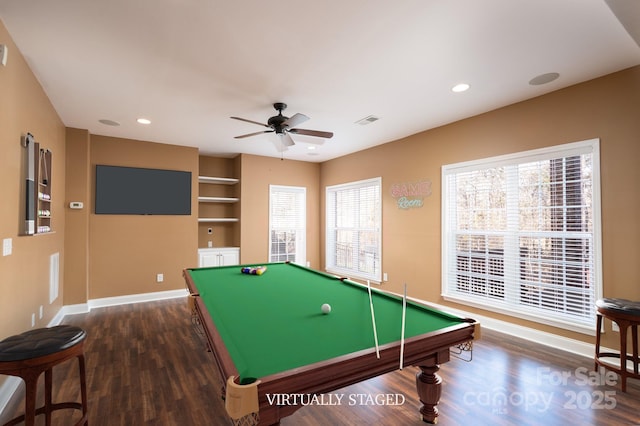 rec room with dark wood-type flooring, billiards, and ceiling fan