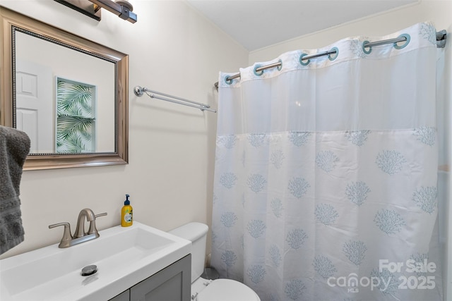 bathroom with a shower with curtain, vanity, and toilet