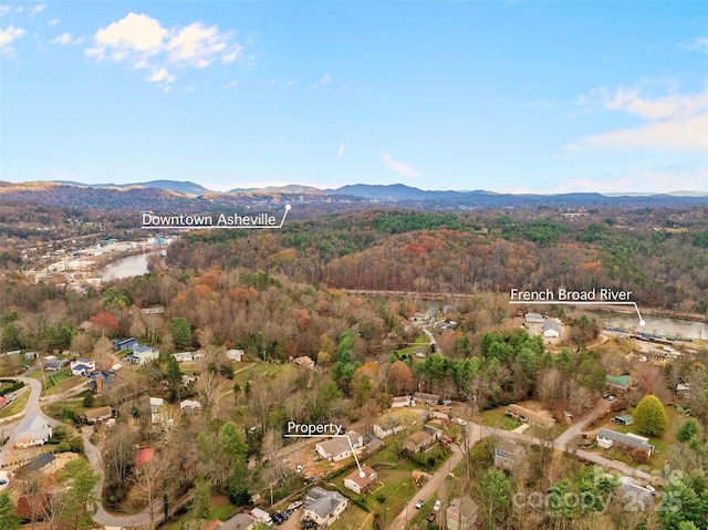 birds eye view of property featuring a water and mountain view