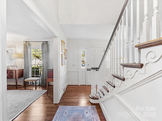 entryway featuring crown molding and dark hardwood / wood-style floors