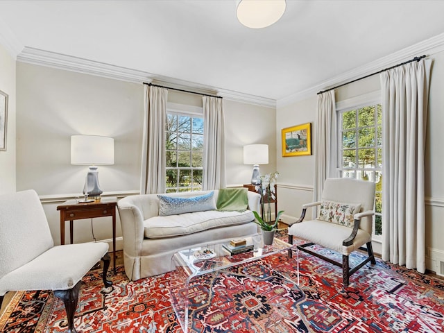 living room with ornamental molding