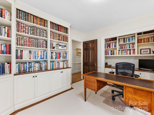 office featuring crown molding and light colored carpet