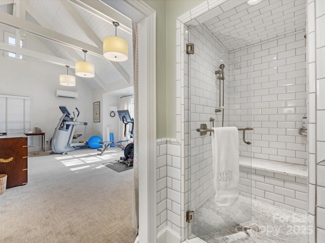 bathroom featuring a wall mounted air conditioner, vaulted ceiling with beams, and walk in shower