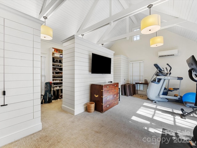 workout area featuring an AC wall unit, light colored carpet, and high vaulted ceiling