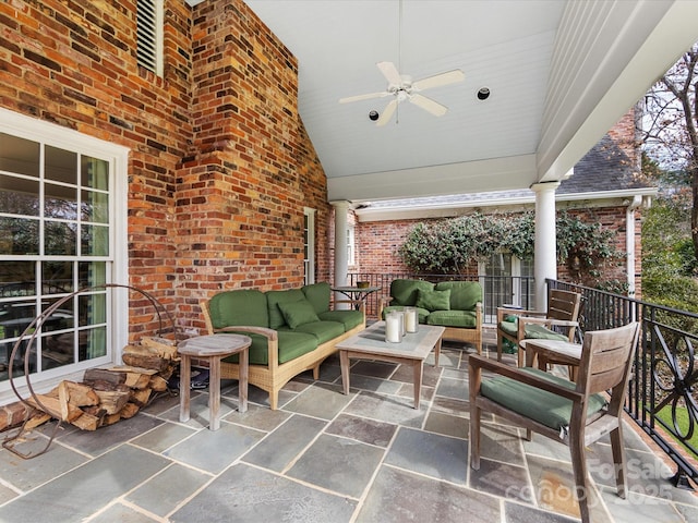 view of patio with ceiling fan and an outdoor hangout area