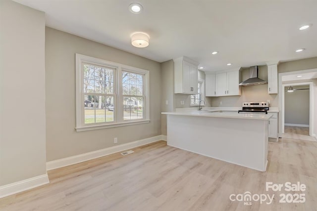 kitchen with wall chimney exhaust hood, light hardwood / wood-style flooring, kitchen peninsula, electric stove, and white cabinets