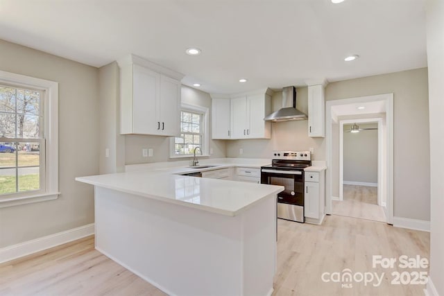 kitchen with wall chimney range hood, sink, light hardwood / wood-style flooring, white cabinetry, and stainless steel electric stove