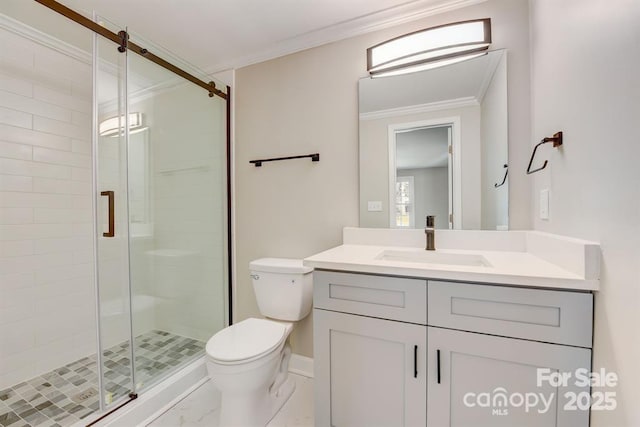 bathroom with walk in shower, ornamental molding, toilet, and vanity