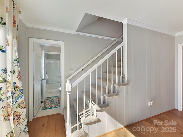 stairway featuring crown molding and hardwood / wood-style floors