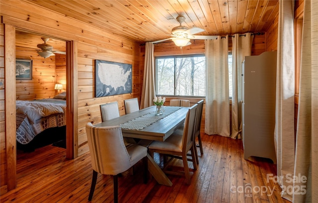 dining room with wood-type flooring, ceiling fan, wood ceiling, and wood walls