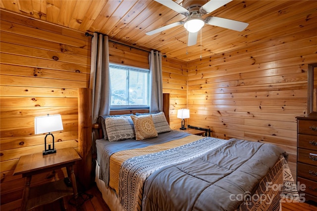 bedroom with wood ceiling, ceiling fan, and wood walls