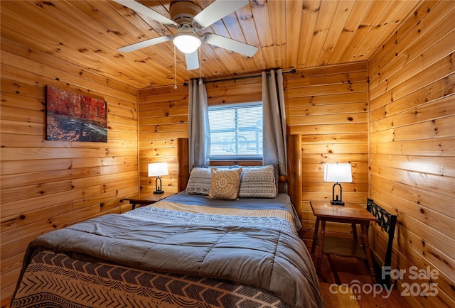 bedroom with wooden ceiling, ceiling fan, and wood walls