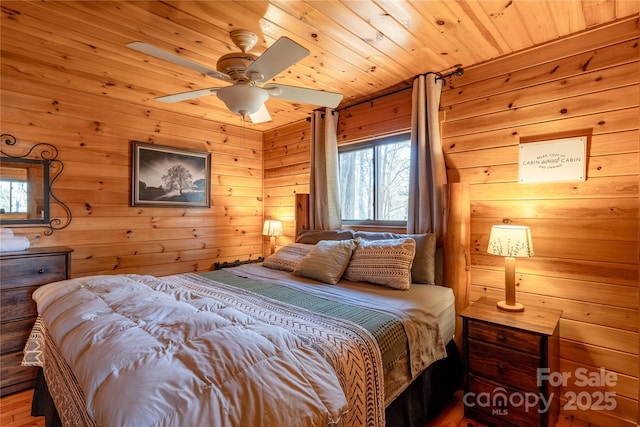 bedroom featuring multiple windows, wood ceiling, wooden walls, and ceiling fan