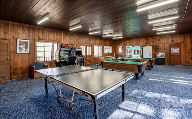 rec room featuring billiards, dark carpet, and a wealth of natural light