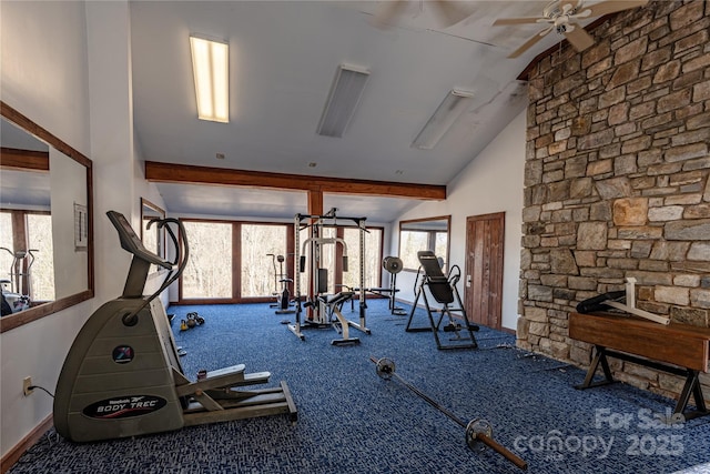 workout area with ceiling fan, carpet, and high vaulted ceiling