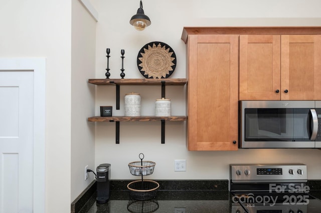details featuring stainless steel appliances and dark stone countertops