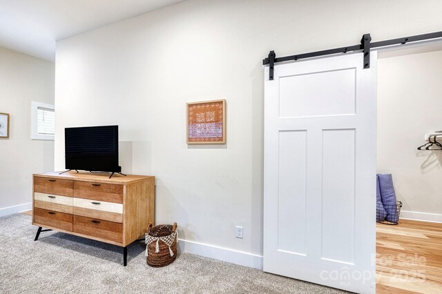 bedroom featuring a barn door and carpet