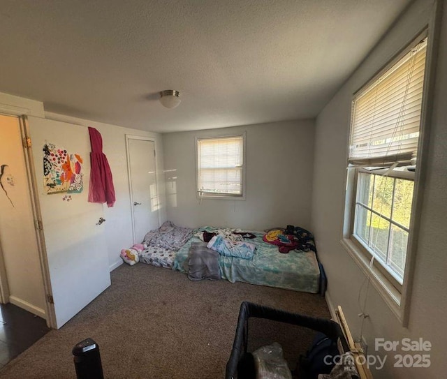 carpeted bedroom with multiple windows and a textured ceiling