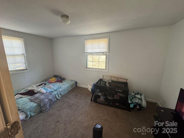 carpeted bedroom with a textured ceiling