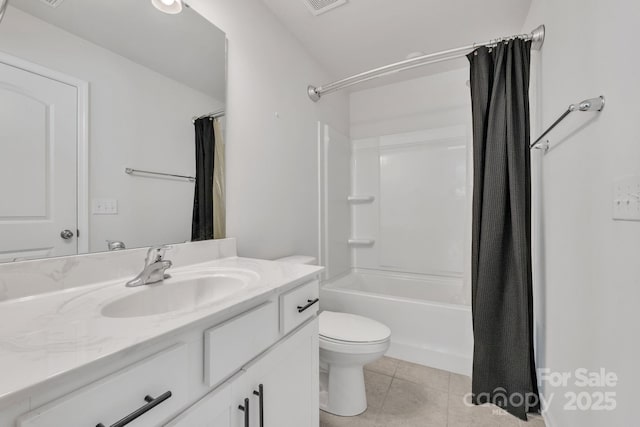 full bathroom featuring tile patterned flooring, vanity, shower / bathtub combination with curtain, and toilet