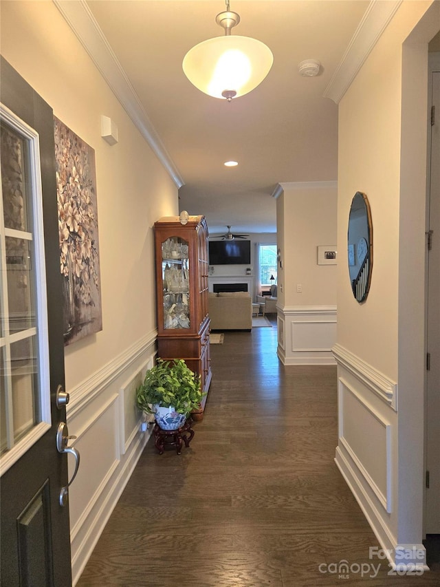 corridor with wainscoting, crown molding, a decorative wall, and wood finished floors