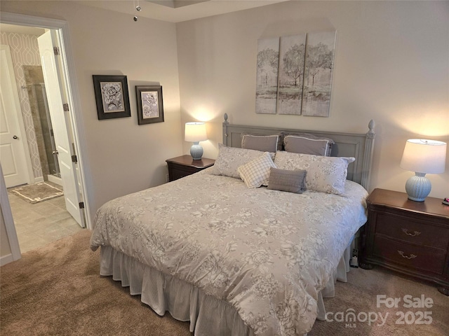 carpeted bedroom with ensuite bathroom