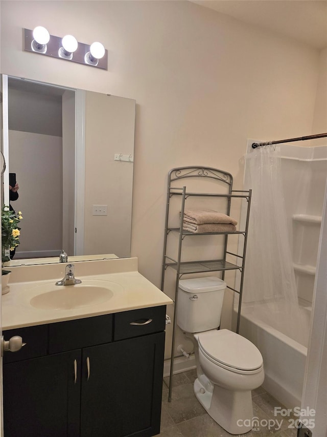 full bath with toilet, tile patterned floors, shower / bath combination with curtain, and vanity